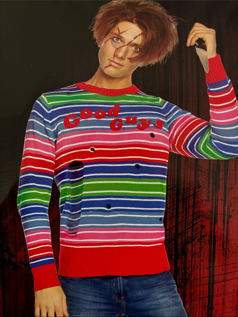 Good Guys Multicolor Striped Crewneck Sweater with plastic knife
